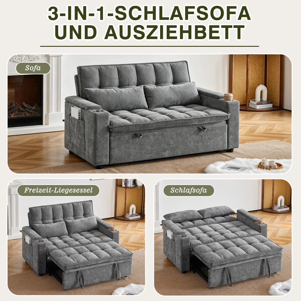 DIVANO Letto 3 in 1 Trasformabile 142 cm Grigio in Chenille