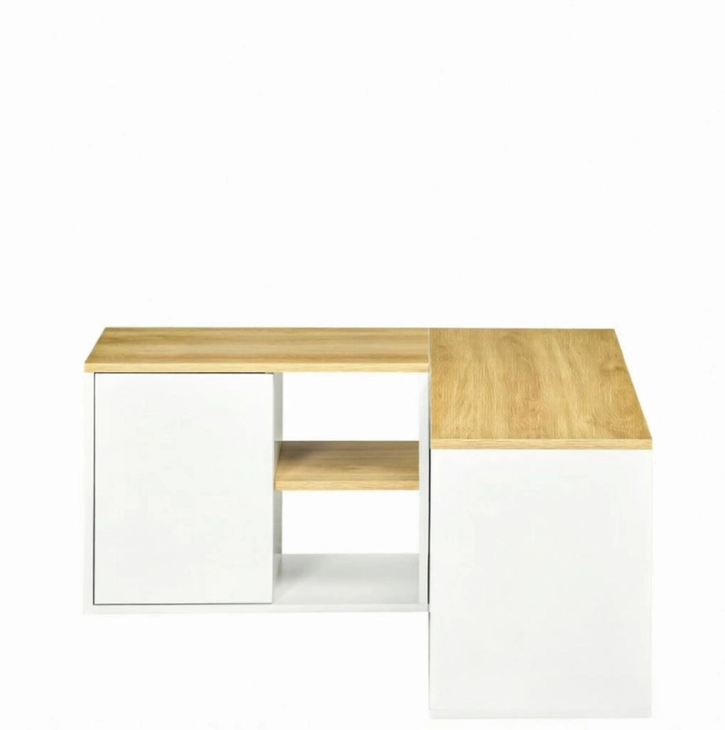 Mobile TV angolare con 5 vani, bianco e legno chiaro