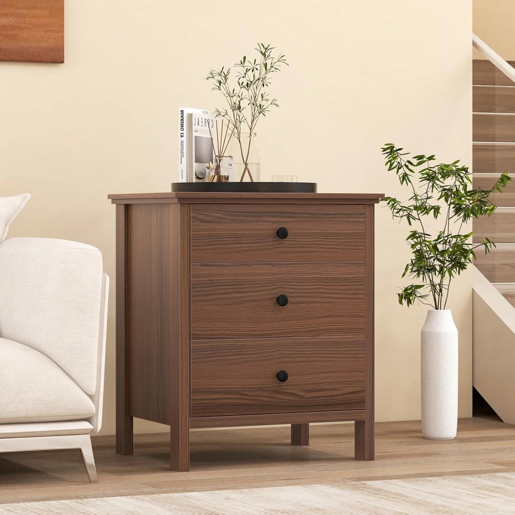 Comodino in legno rosso-marrone, credenza piccola con 3 cassetti, cassettiera autoportante, cassettiera moderna in legno, 56 x 45 x 66 cm