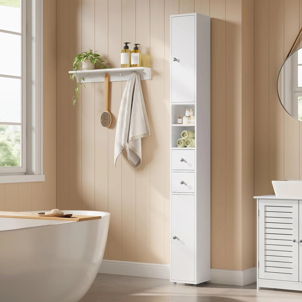 Armadio Alto da Bagno, Mobiletto da Bagno, Colonna Bagno Stretta, 20 x 20 x 180 cm, Mobiletto Salvaspazio Stretto, con Ripiani Regolabili, per Spazi Ridotti, Soggiorno, Corridoio, Bianco 0257WY