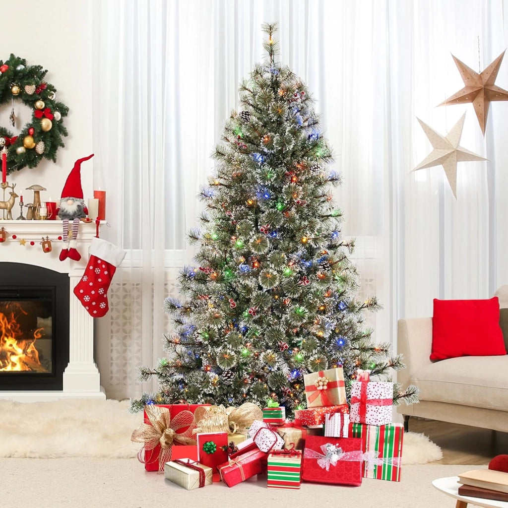 Albero di Natale Artificiale 180 CM, Albero di Natale Pre-Illuminato con 350 Luci LED Multicolore e Calde, 9 Modalità, 598 Punte di Pino, 42 Pigne e 42 Bacche Rosse