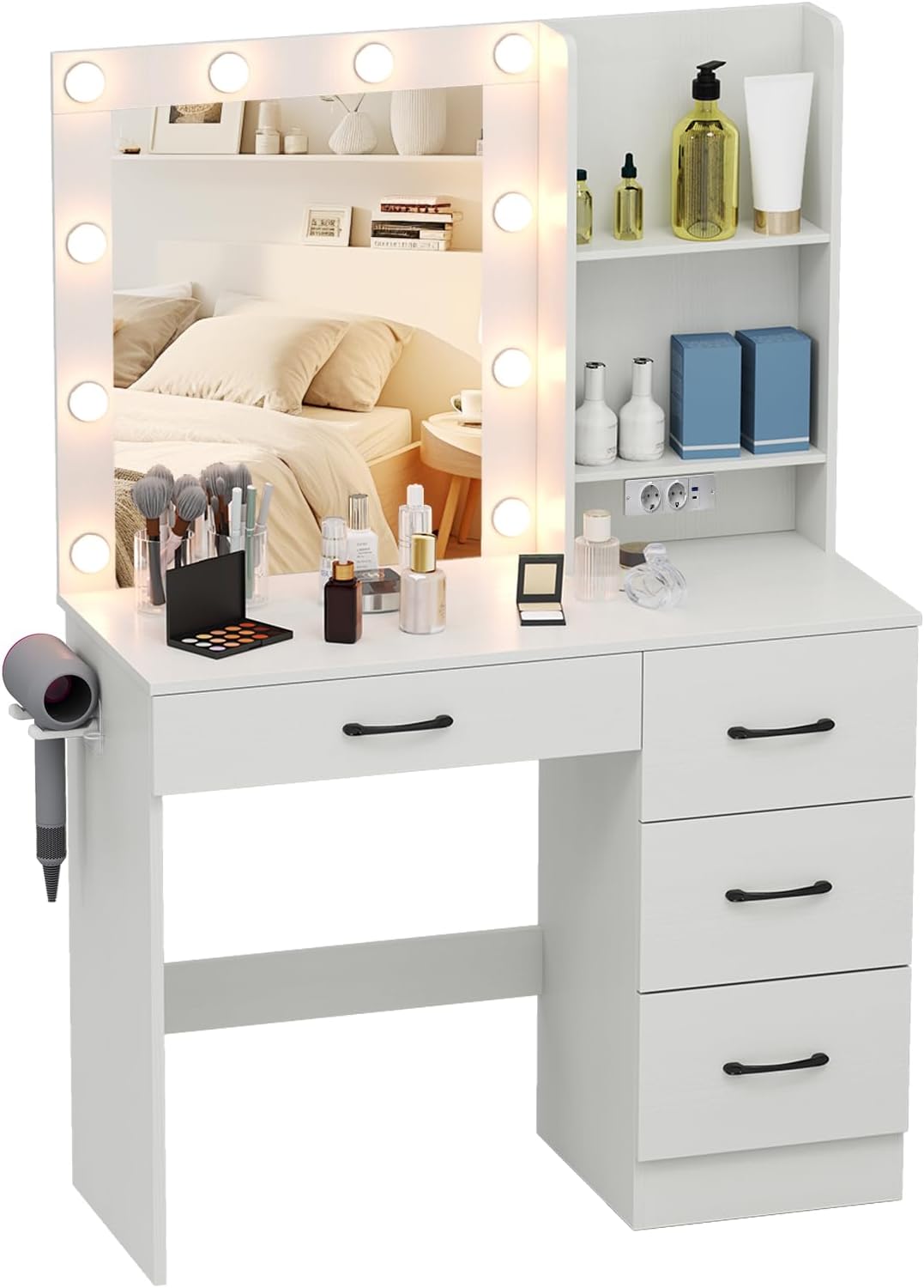 Toeletta da Trucco con Specchio, Tavolo da Trucco con Stazione di Ricarica, Luci LED a 3 Colori, Tavolo da Trucco con 4 Cassetti, 2 Ripiani, per Camera da Letto, Soggiorno