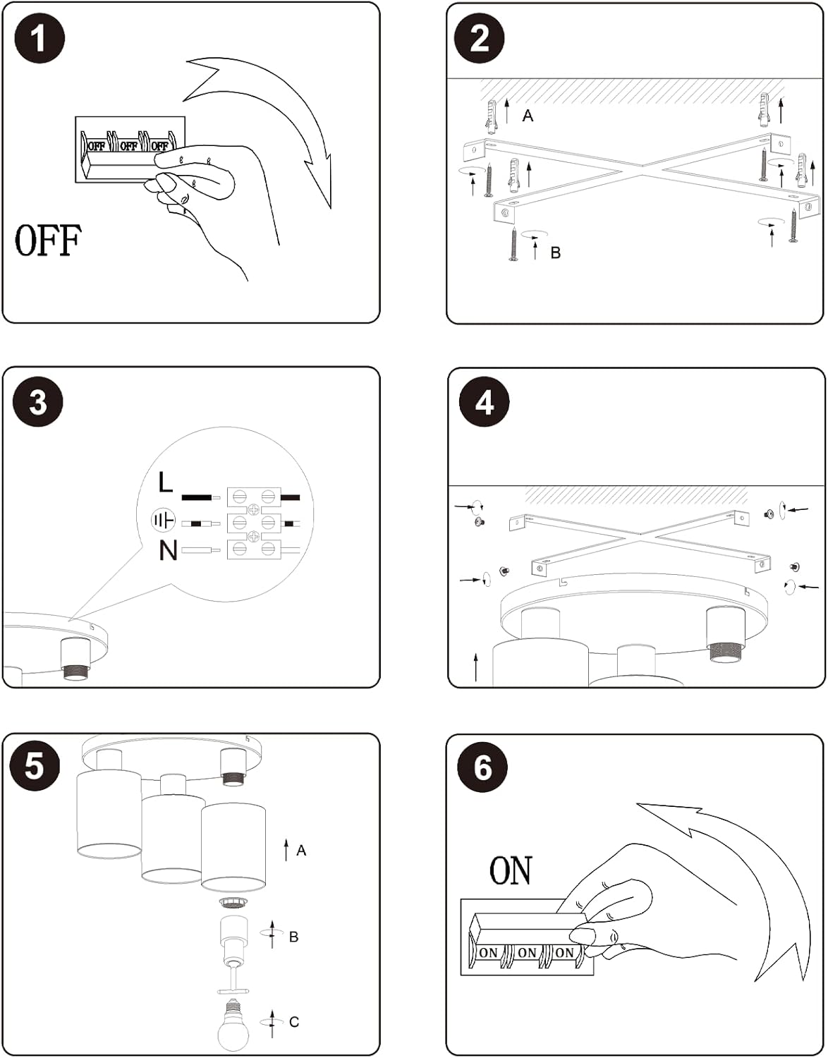 ZMH Lampada da soffitto vintage nera 3 luci E27 senza lampadine