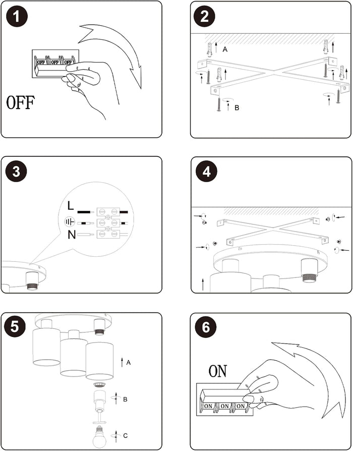 ZMH Lampada da soffitto vintage nera 3 luci E27 senza lampadine