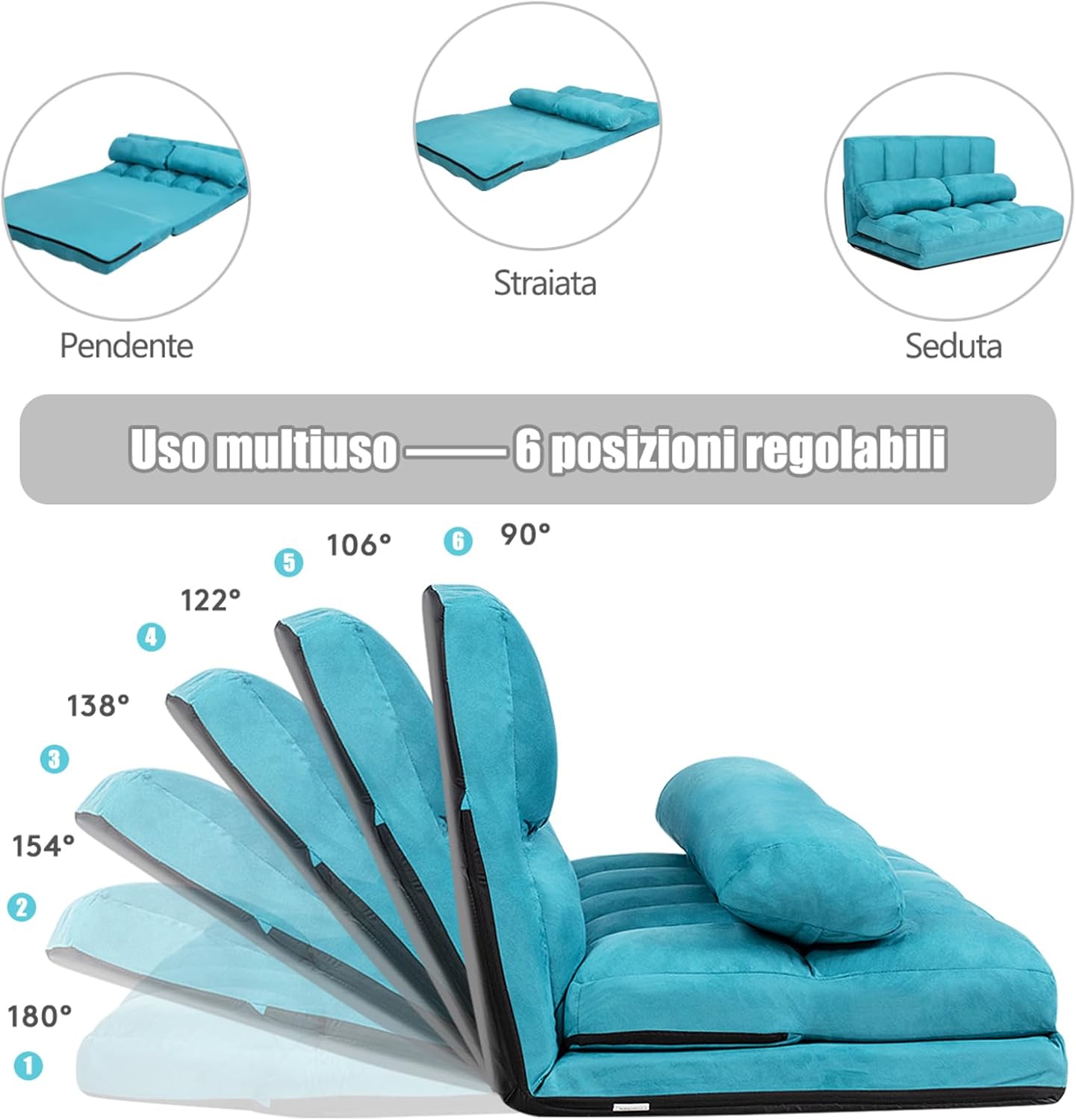 Divano Letto da Terra con 2 Cuscini, Divano Letto Pieghevole con Schienale Regolabile a 6 Livelli, Ideale per Camera da Letto e Soggiorno (Blu)