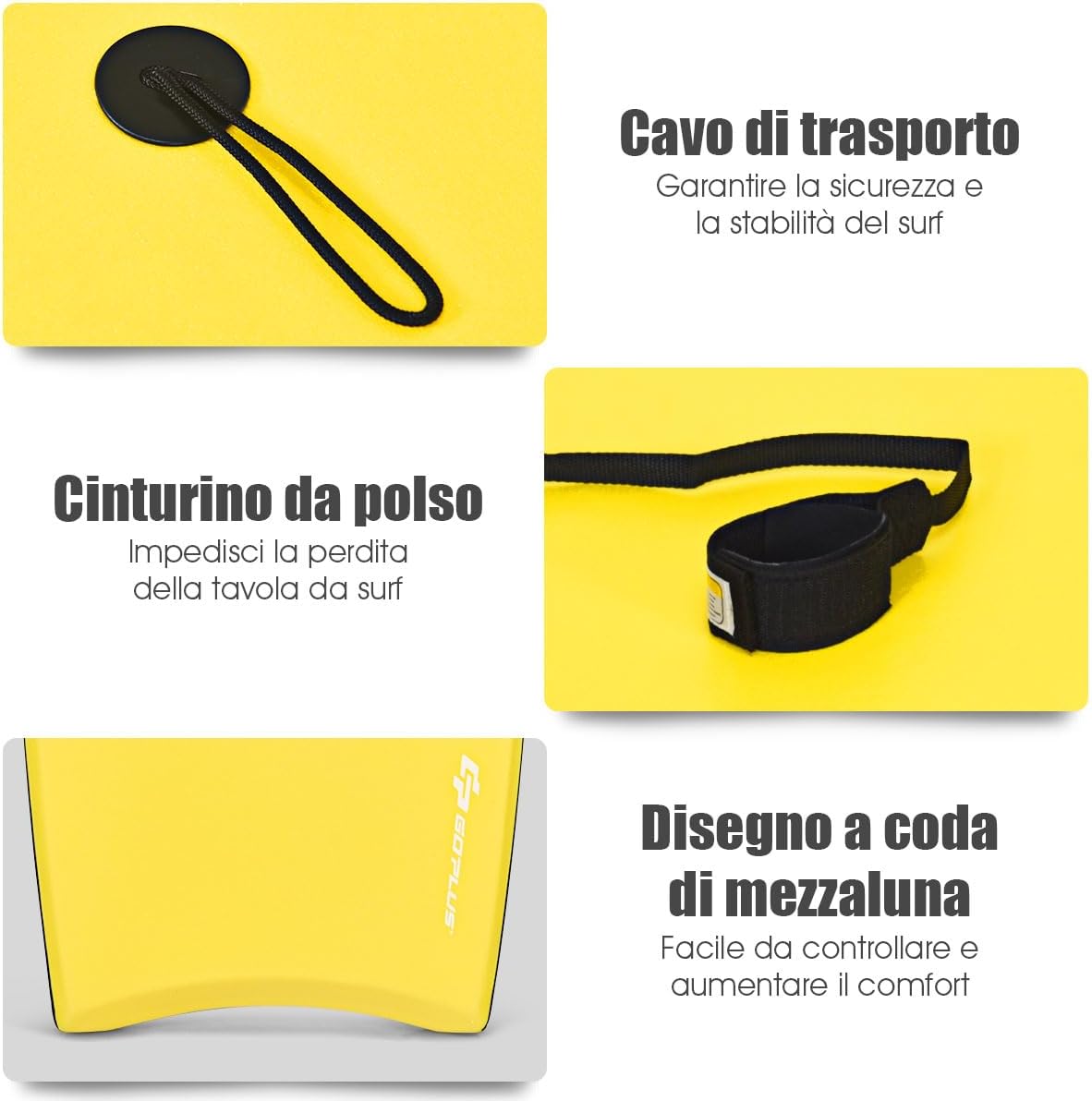 Tavola da Surf in XPE, EPS e HDPE, Tavola Surf Bambini e Adulti, Tavoletta Mare con Leash per Polso, Portata 85 kg, Disponibile in Vari Colori, 104 x 51 x 6 cm (Giallo)