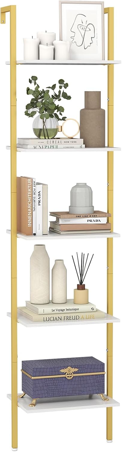 Libreria a Scala a 5 Ripiani, Libreria da Muro con Kit Anti-ribaltamento e Struttura in Metallo, Ripiano di Esposizione Aperto Verticale per Soggiorno Camera da Letto e Ufficio, 43x30x178 cm