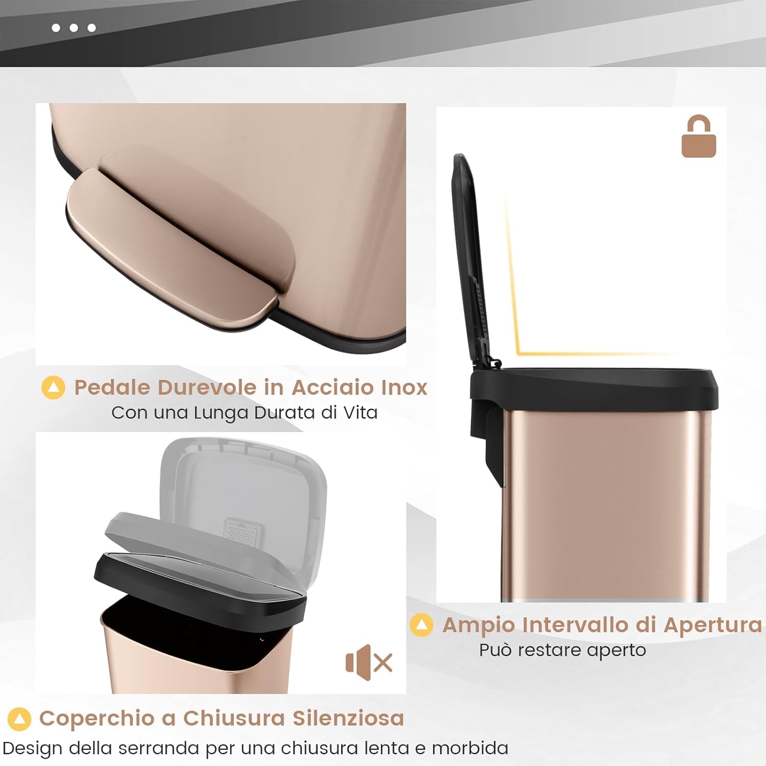 Bidone per Pattumiera, Pattumiera da Cucina in Acciaio Inossidabile con Pedale, Coperchio e Scomparto Deodorante, Ideale per Casa Ufficio (68L,Rosa dorato)