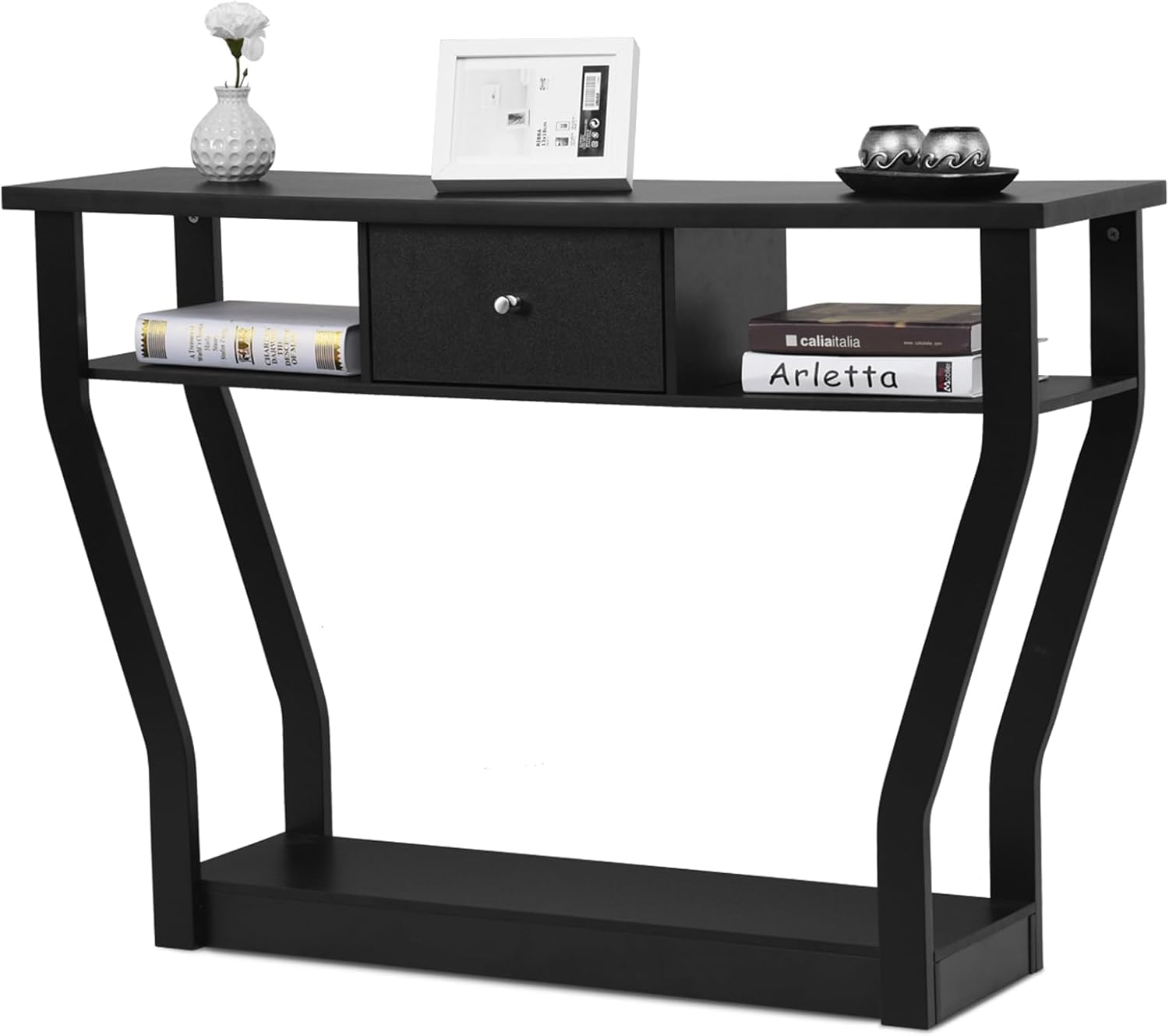 Tavolo Consolle in Legno, Consolle con Cassetto e Ripiani, Tavolo d'Ingresso Multiuso per Salotto, Corridoio e Entrata 120 x 30 x 81 cm (Nero)