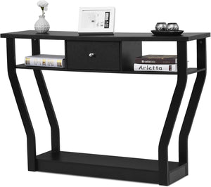 Tavolo Consolle in Legno, Consolle con Cassetto e Ripiani, Tavolo d'Ingresso Multiuso per Salotto, Corridoio e Entrata 120 x 30 x 81 cm (Nero)