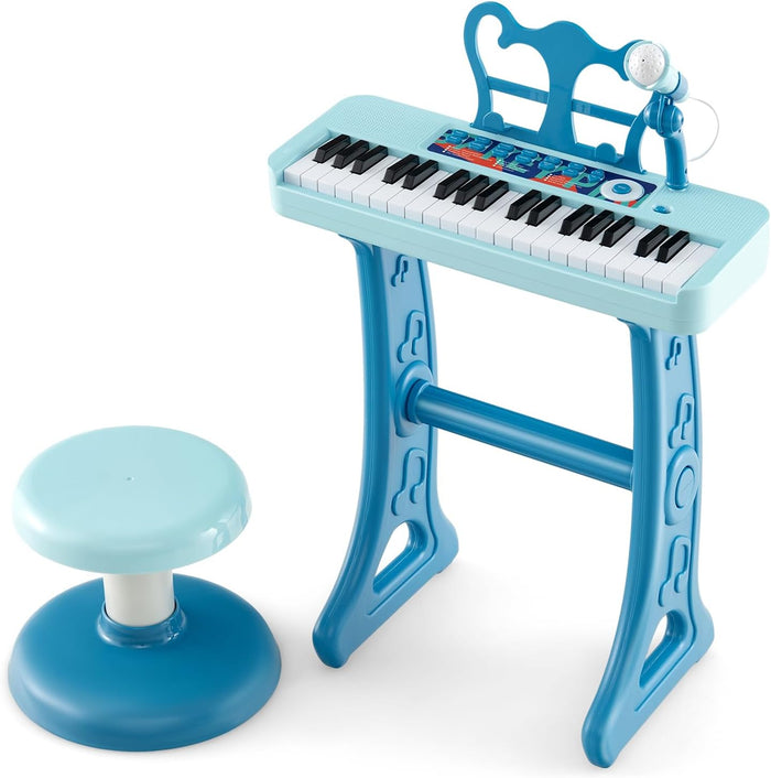 Pianoforte per Bambini a 37 Tasti, Strumento Musicale Elettronico con Microfono Regolabile e Leggio Rimovibile, Sgabello Abbinato, per Bambini di 3+ Anni (Blu)