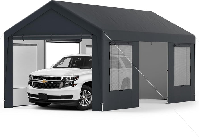 Tenda Garage per Auto Impermeabile, Cappanone Posto Auto con 4 Porte e 4 Finestre a Rete Arrotolabile, Tendone Multiuso a Pareti Laterali Rimovibile per Feste ed Eventi, 595 x 300 x 280 cm