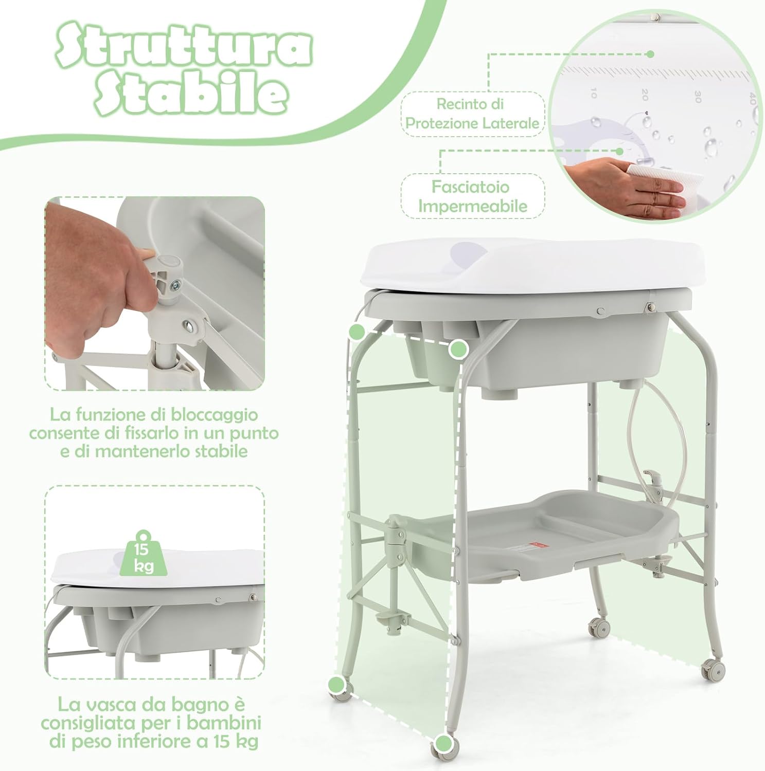 Fasciatoio con Vaschetta da Bagno per Neonati, Fasciatoio Pieghevole Salvaspazio con Materassino in PVC e Ruote, per Bambini 0-12 Mesi, Portata 15kg+35 kg (Grigio Chiaro)