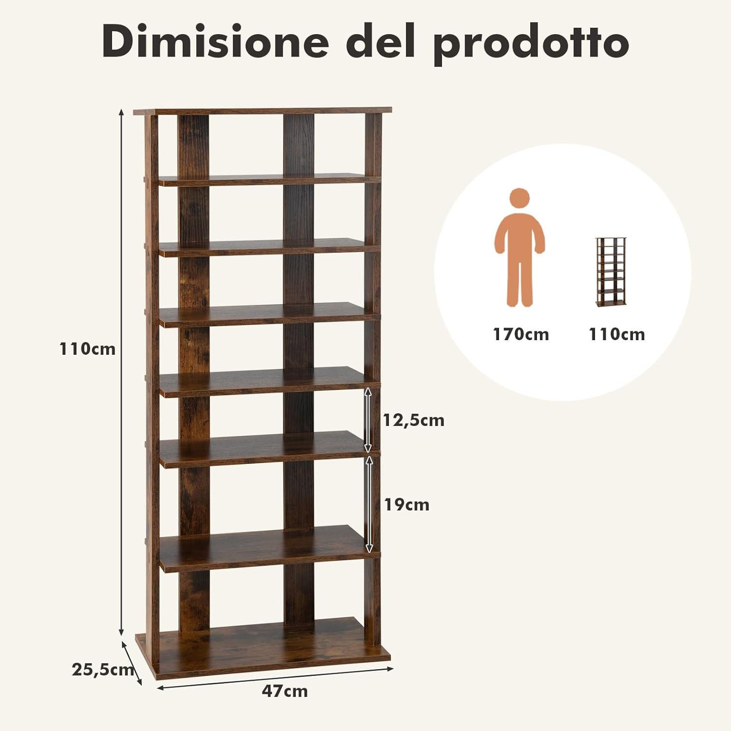Scarpiera Verticale a 7 Livelli, Organizer per Scarpe in Stile Retrò, con Pannello Rimovibile, Scaffale per Scarpe per Corridoio Ingresso Armadio, 45x25x110 cm (Marrone)