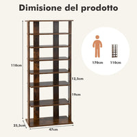 Scarpiera Verticale a 7 Livelli, Organizer per Scarpe in Stile Retrò, con Pannello Rimovibile, Scaffale per Scarpe per Corridoio Ingresso Armadio, 45x25x110 cm (Marrone)