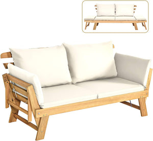 Divano Letto 2 Posti da Esterno in Legno di Acacia con Braccioli Regolabili, Sdraio da Giardino con Cuscini, Chaise longue Pieghevole per Giardino, Piscina, Cortile (Bianco)