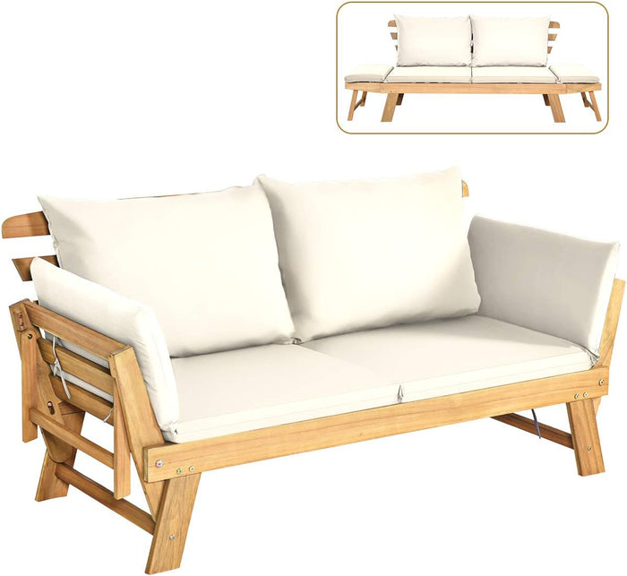 Divano Letto 2 Posti da Esterno in Legno di Acacia con Braccioli Regolabili, Sdraio da Giardino con Cuscini, Chaise longue Pieghevole per Giardino, Piscina, Cortile (Bianco)