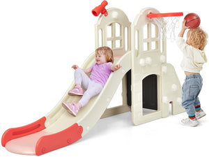 Scivolo per Bambini 6 in 1, Set da Gioco per Bambini con Canestro, Palla, Lancio dell'Anello e Cannocchiale, Ideale per Interni ed Esterni per Ragazzi e Ragazze, 189,5 x 83 x 98 cm (Rosa)