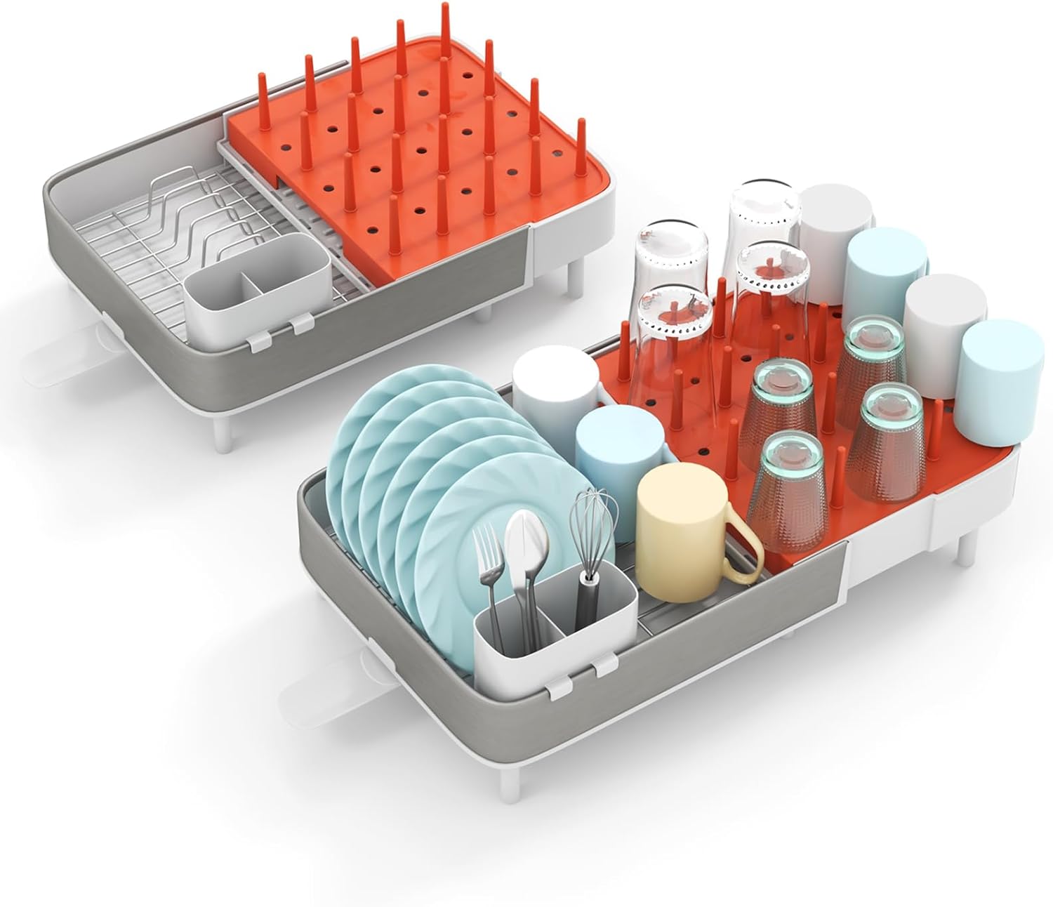 Scolapiatti Estensibile, Gocciolatoio Scolapiatti Regolabile con Portaposate Staccabile Griglia in Acciaio Inox e Barrette Verticali, con Drenaggio Automatico
