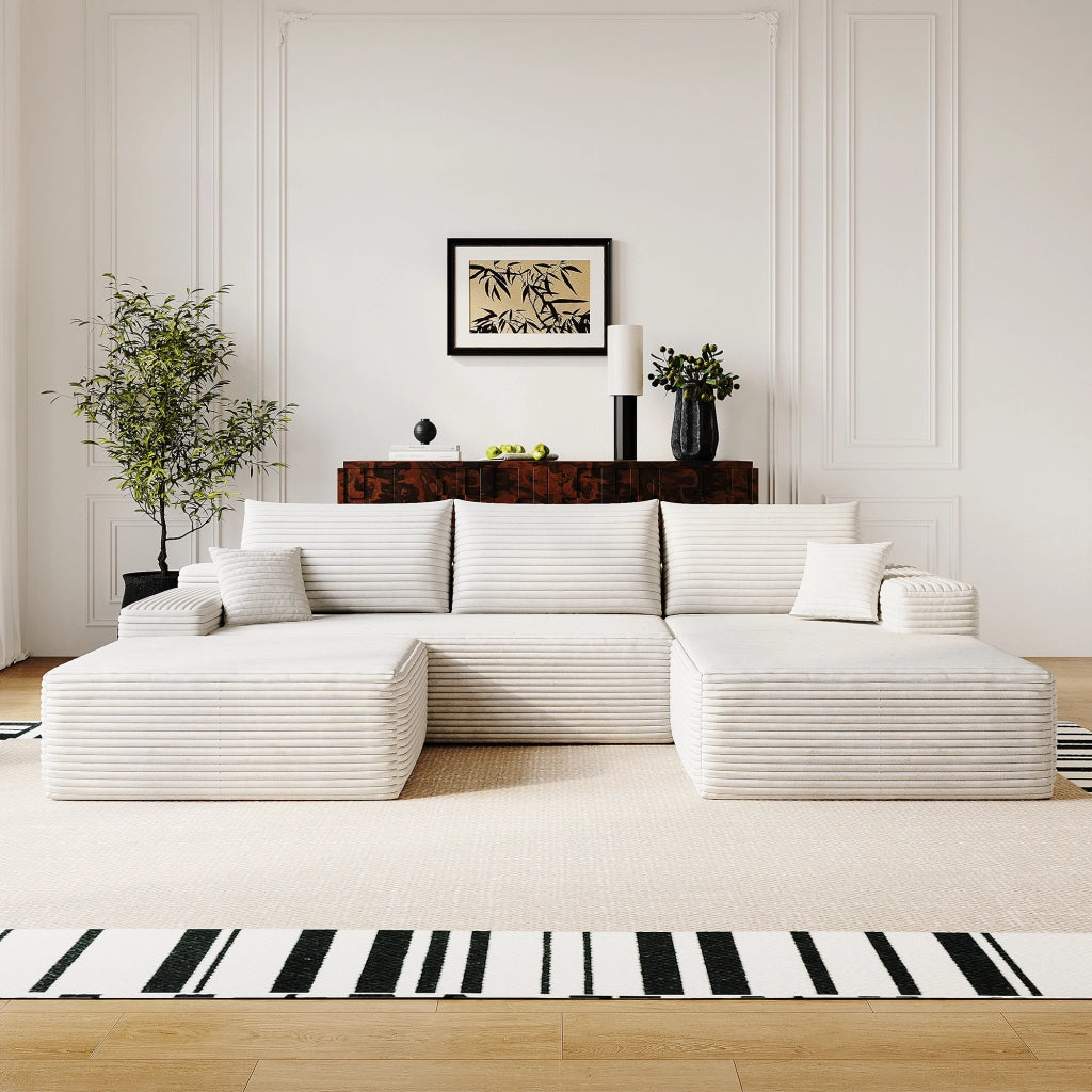 Divano angolare modulare con chaise longue e seduta profonda in tessuto beige