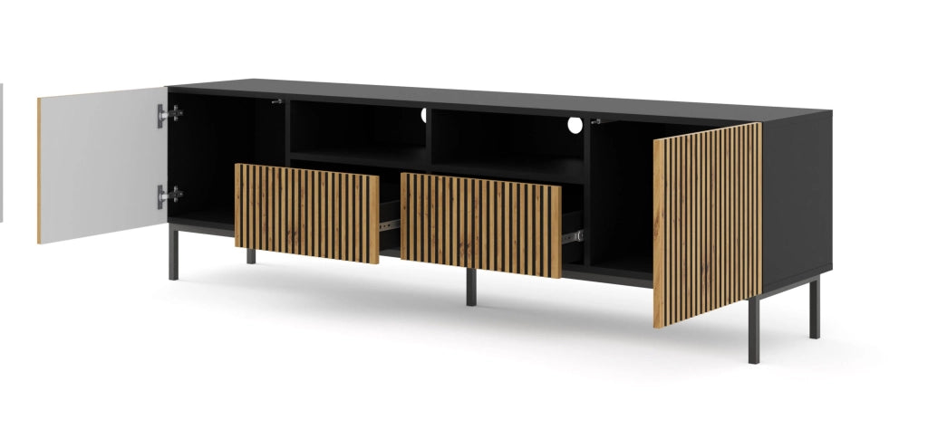MOBILE RAVENNA F PORTA TV IN MDF VERNICIATO 2D2S 200 NERO OPACO ROVERE ARTIGIANALE STRUTTURA NERA