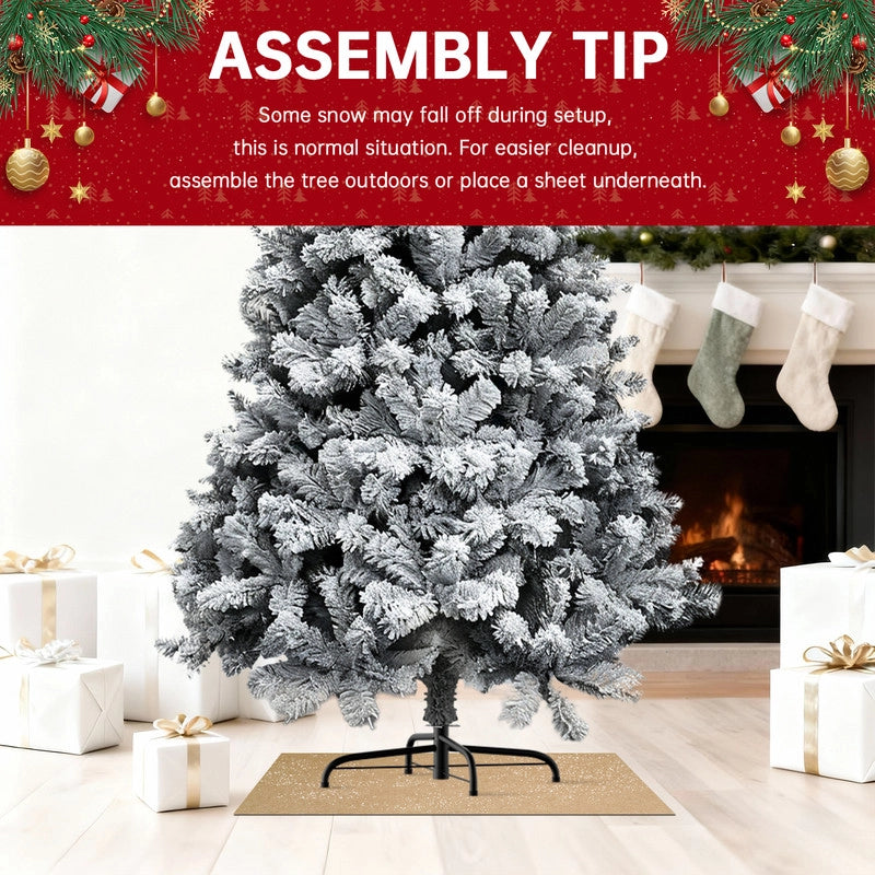 Albero di Natale in pino innevato super spesso con base a croce in ferro pieghevole, effetto neve realistico con rami che si aprono a ombrello (210cm)