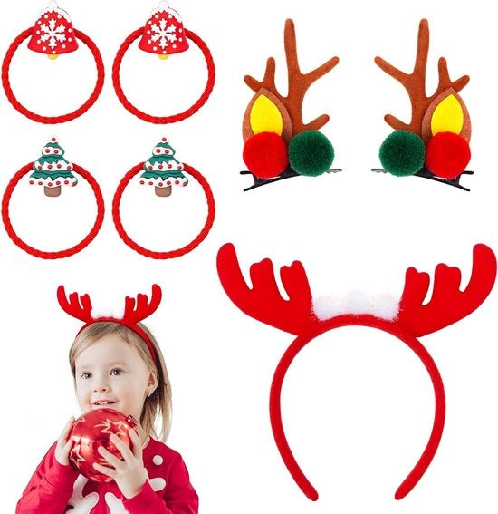 Set di spille per capelli a 7 pezzi per bambine con tema renna di Natale, inclusi elastici per capelli e bavaglino per bambine - Accessori per capelli festivi - Accessori per capelli di Natale per bambine