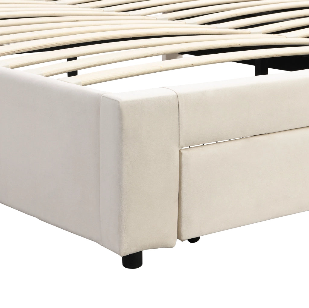 Letto matrimoniale 160x200 cm in velluto beige con contenitore; testiera regolabile e cassetti