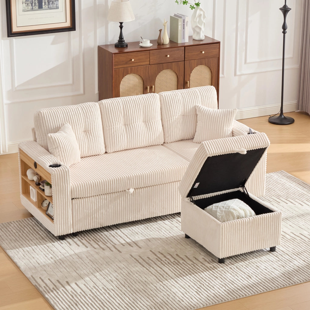 Divano letto estraibile in velluto a coste beige con contenitore; LED e USB-C