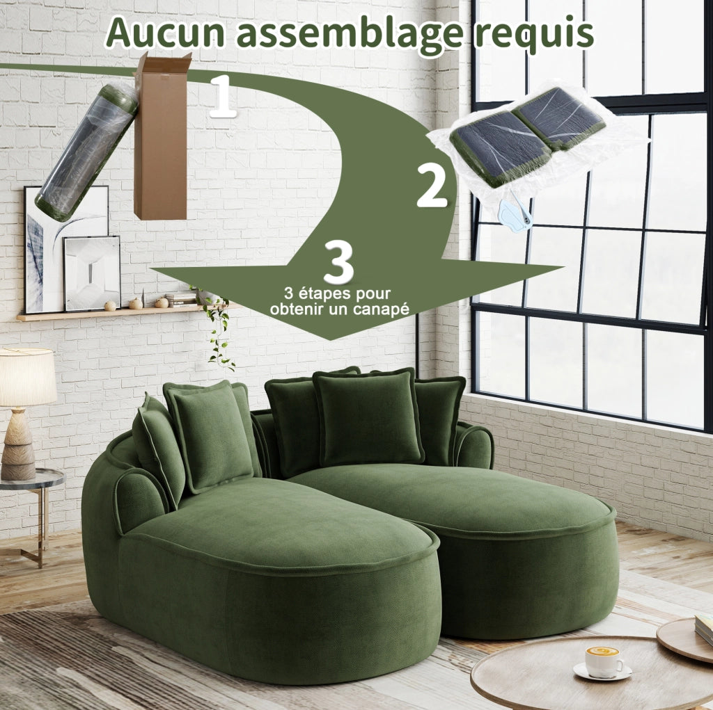 Divano modulare Chenille verde senza telaio con chaise longue extra ampia e cuscini inclusi