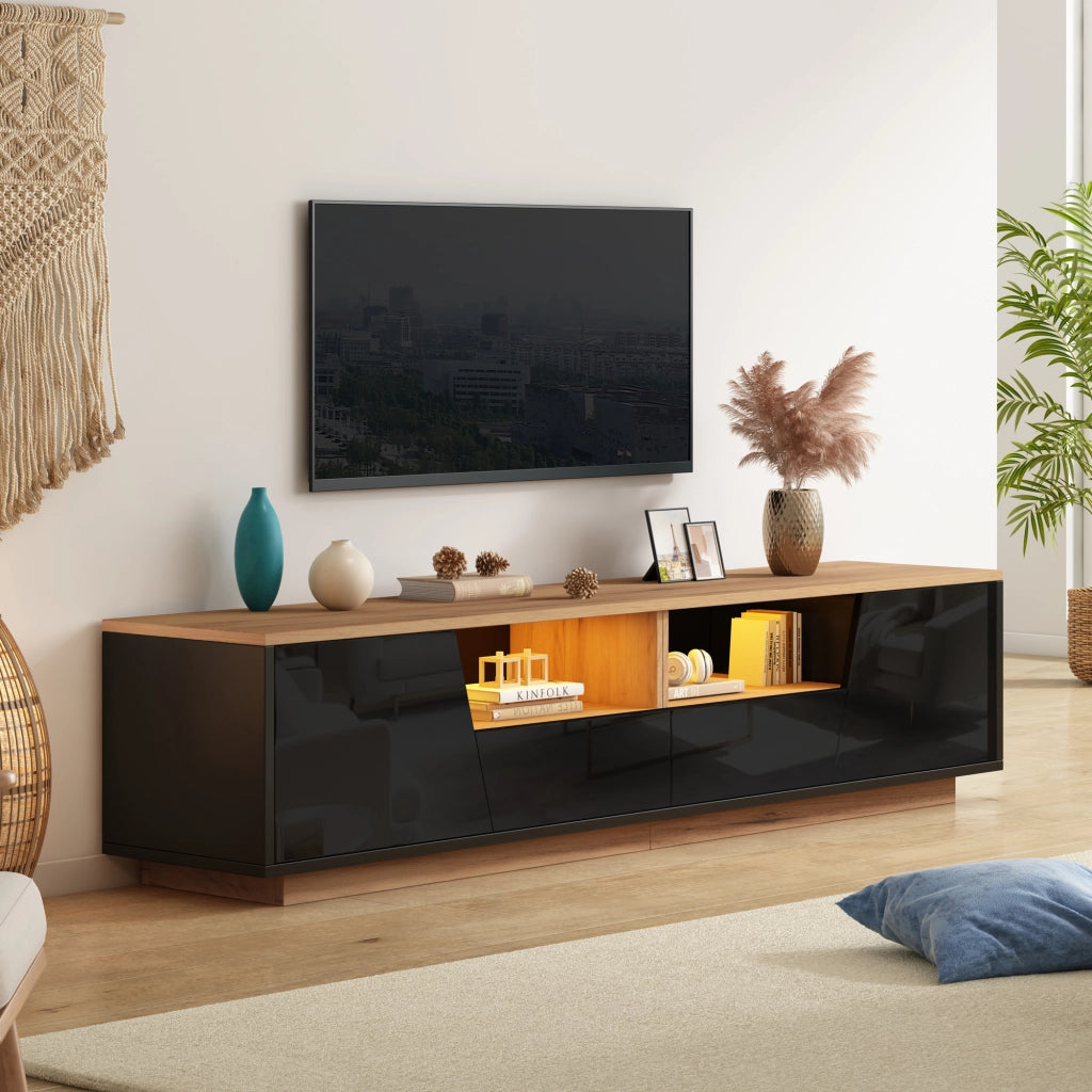 Cassettiera per TV nera e legno naturale in truciolato lunghezza 180 cm