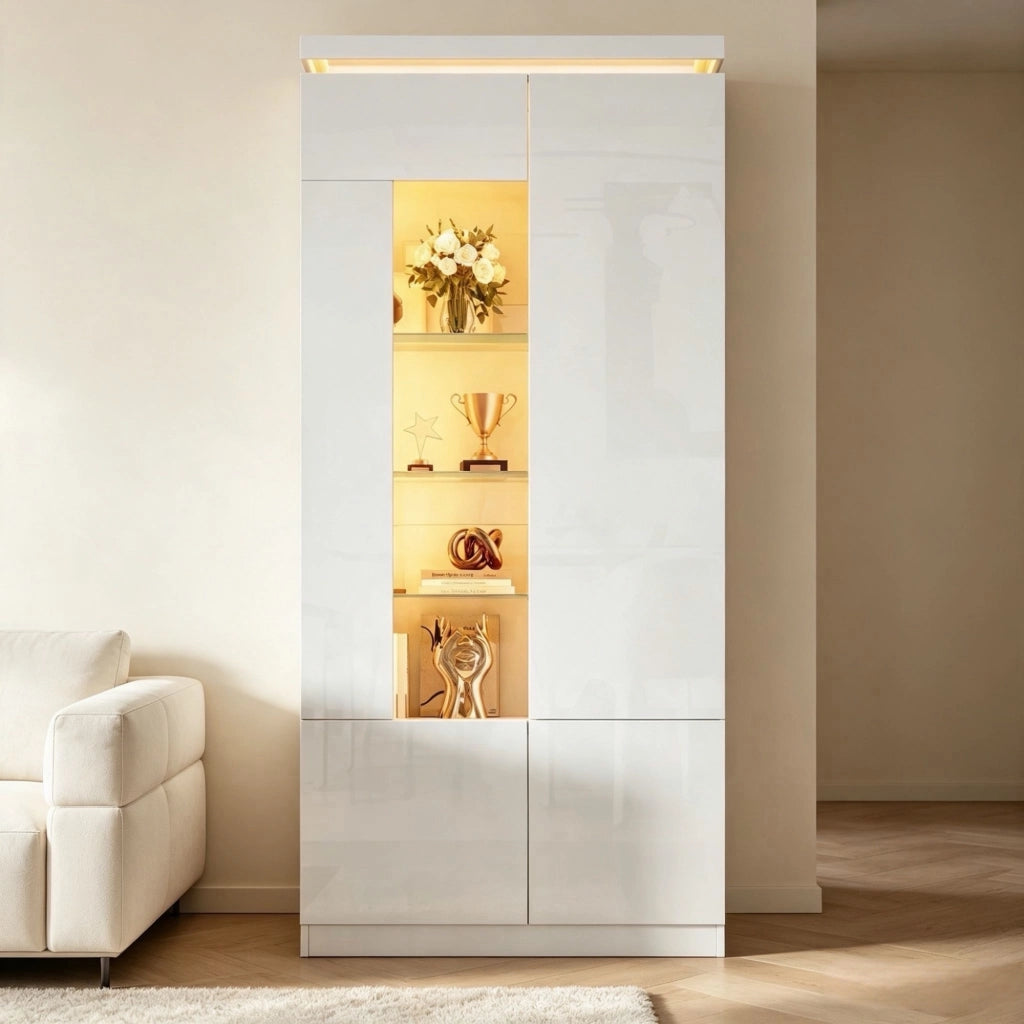 Vetrina 80x35x180 cm con illuminazione LED Bluetooth in MDF bianco