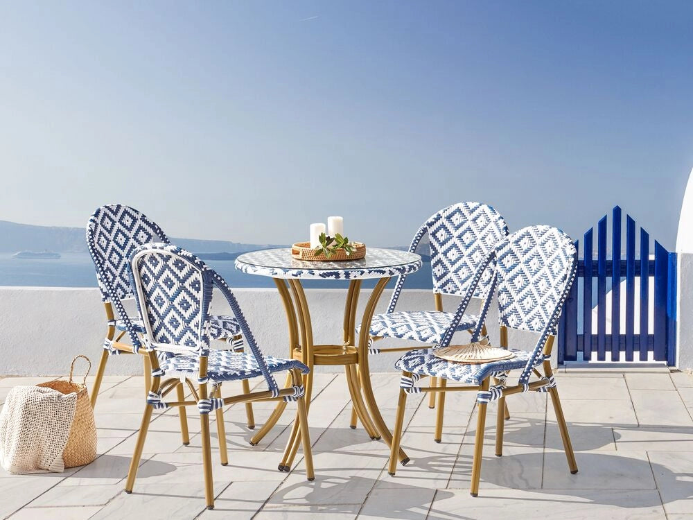 Tavolo da giardino Piano in rattan sintetico Blu e Bianco ø 70 cm Struttura in Vetro e Alluminio