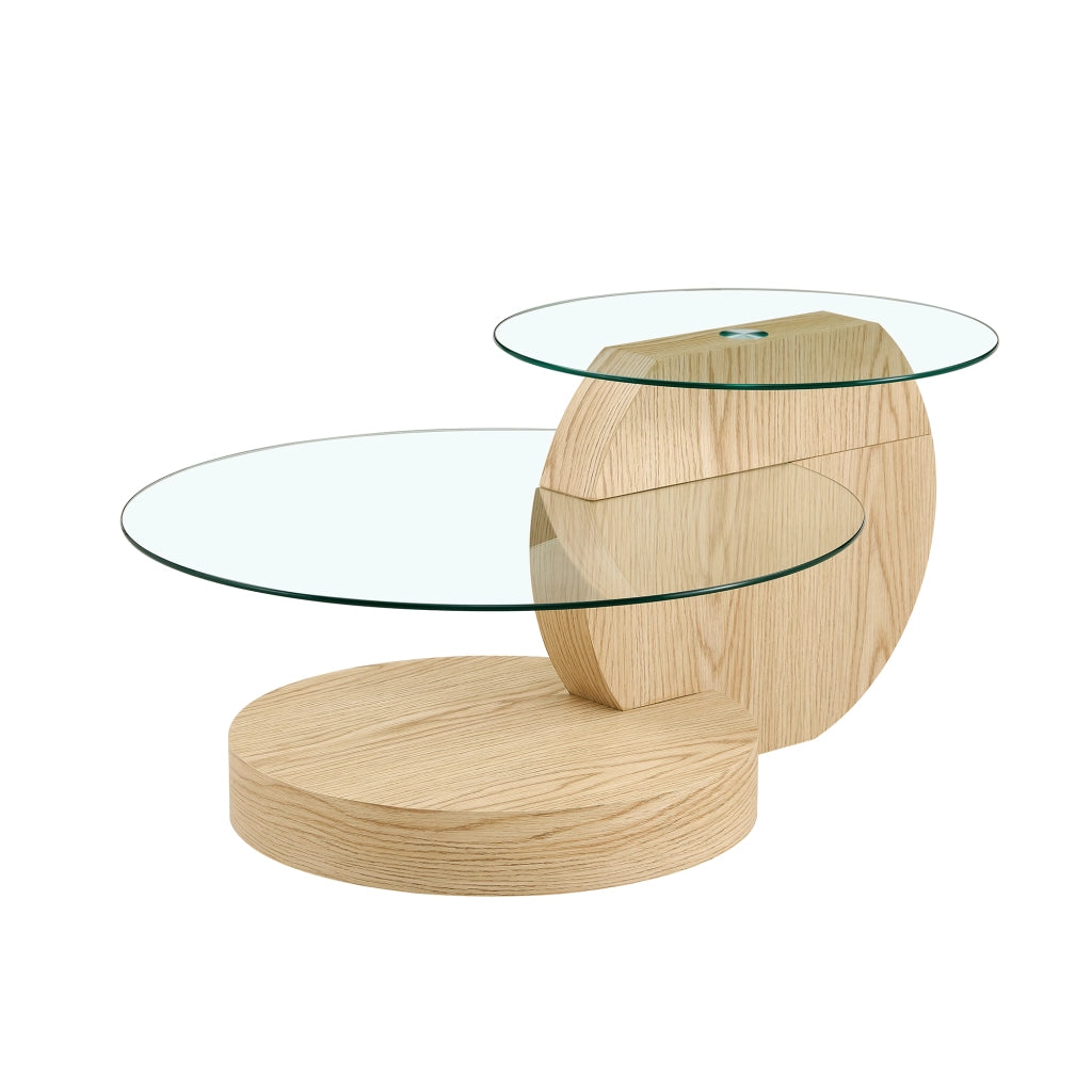 TAVOLINO da caffè a 2 livelli Ø50/70 cm Vetro Trasparente e MDF effetto legno