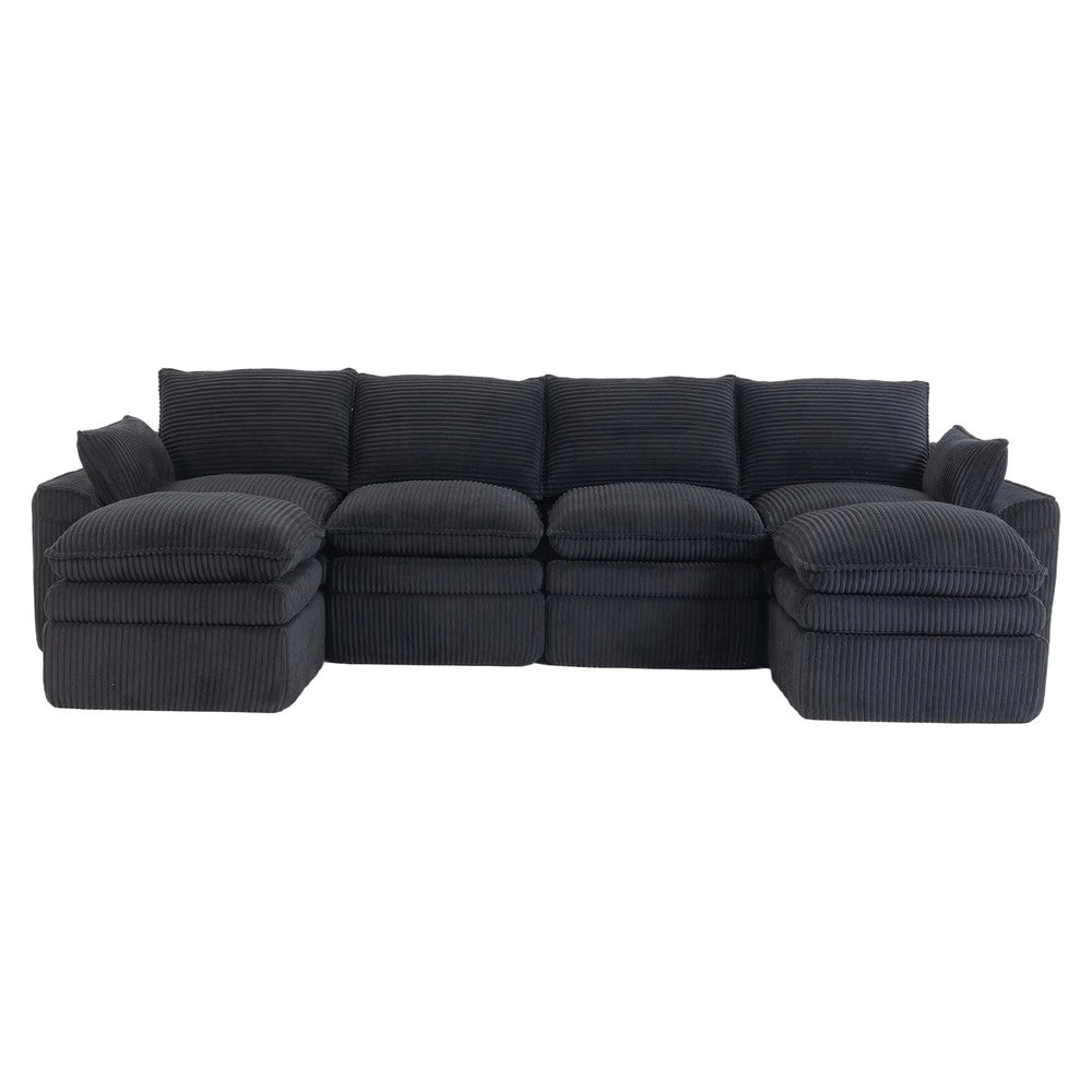 Divano Modulare 4 Posti con 2 Pouf ¨C Xylo ¨C Nero, Tessuto a Coste, Cuscini e Tasche Laterali