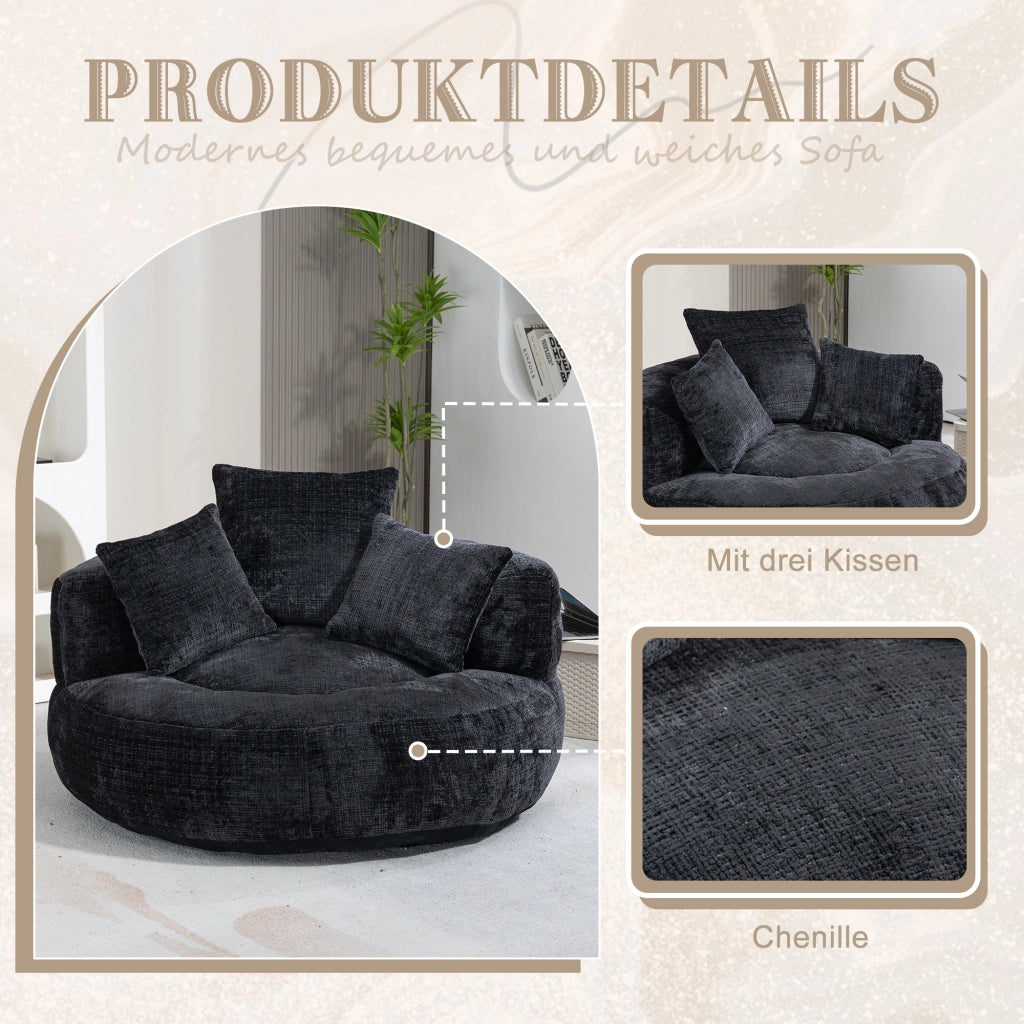 Poltrona Pouf Relax 1 Posto con Schienale Alto e Braccioli; Seduta Ampia Confortevole; in Ciniglia Nero