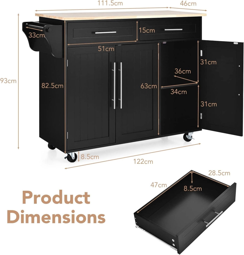 Carrello Cucina con Ruote, Carrello di Servizio con 3 Ripiani, Maniglia Laterale per Appendere per Sala da Pranzo, Soggiorno, 120,5 x 46 x 92,5 cm, Nero