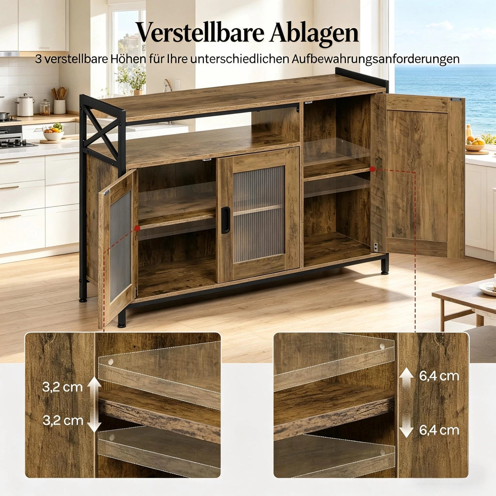 Credenza e madia con vano aperto e 2 ante, per cucina e soggiorno, in legno e metallo, marrone, 110 × 33 × 75 cm