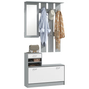 Mobile Appendiabiti 3 in 1 con Scarpiera e Specchio. Ganci e Cassetti. in Legno. 90x10x91 cm. Bianco e Grigio