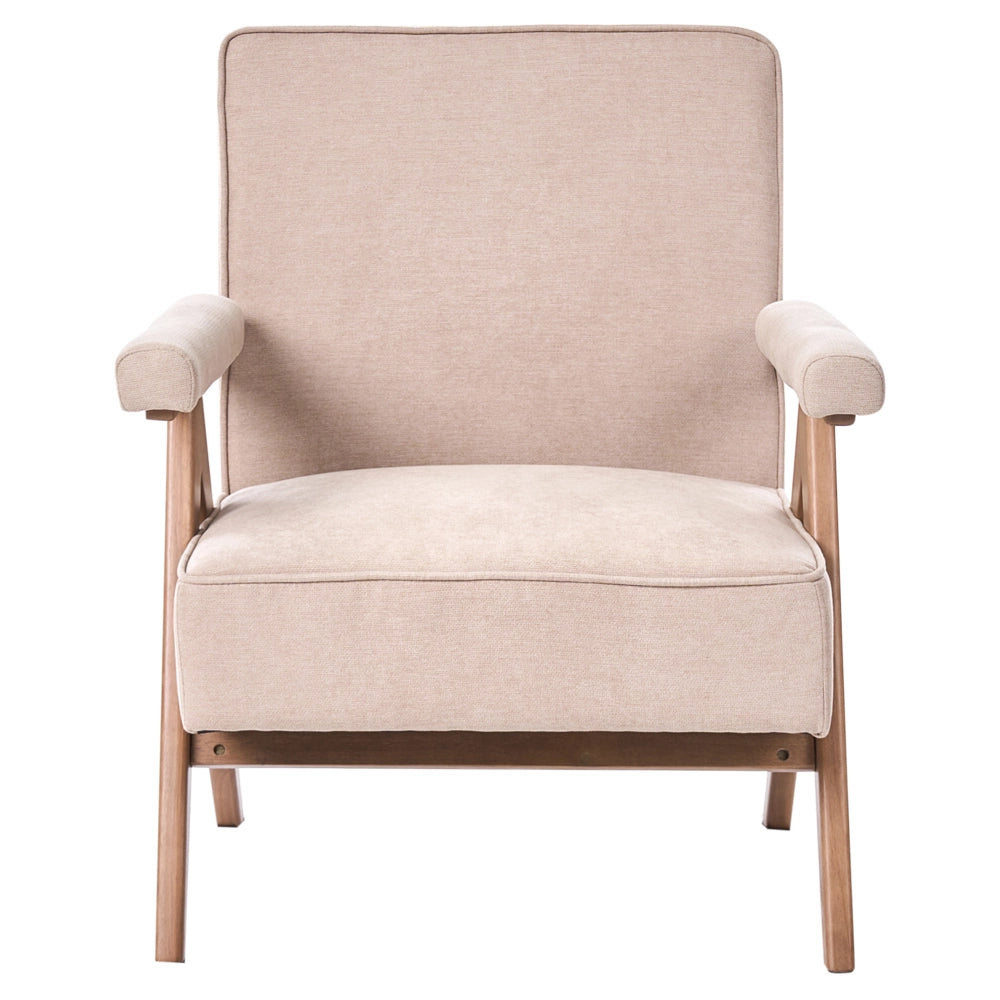 Poltrona in tessuto effetto lino tortora design retrò struttura in legno braccioli per soggiorno