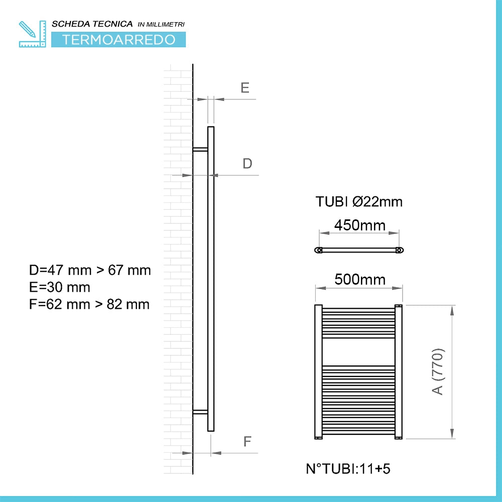 Termoarredo design nero opaco L 50x77 interasse 45 cm completo di valvole