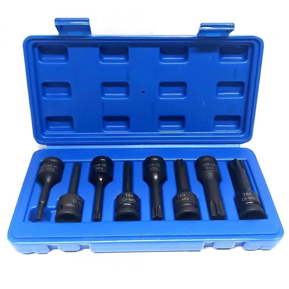 Trade Shop - Set 8 Pezzi Chiavi Bussole Torx Attacco 1/2" T30 T80 A Impatto Lunghe 78 Mm -