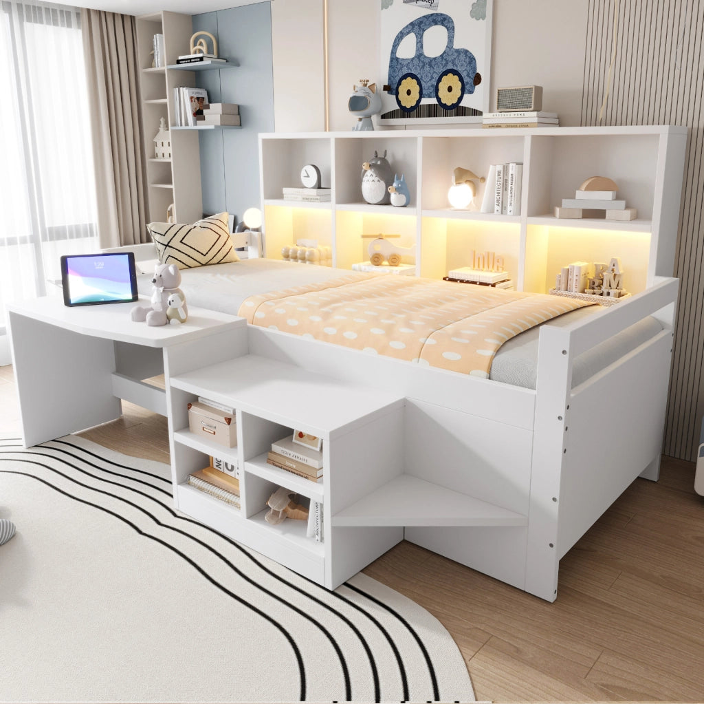Letto a soppalco 90x200 cm con scrivania; vani portaoggetti e LED in legno bianco