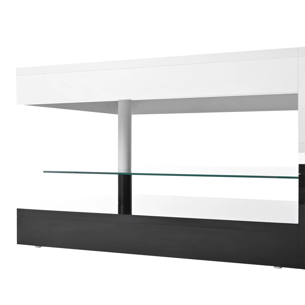 Tavolino da caffè 90x45x35;5 cm; LED con APP e Bluetooth; pannello truciolare; nero e bianco