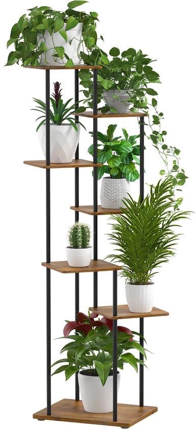 Pianta a 7 livelli in legno e metallo, sostegno per piante con più livelli, 130 cm, supporto per piante con rampa interna e esterna per più piante, sostegno per fiori per giardino, terrazzo, balcone, sala da soggiorno, ufficio, nero