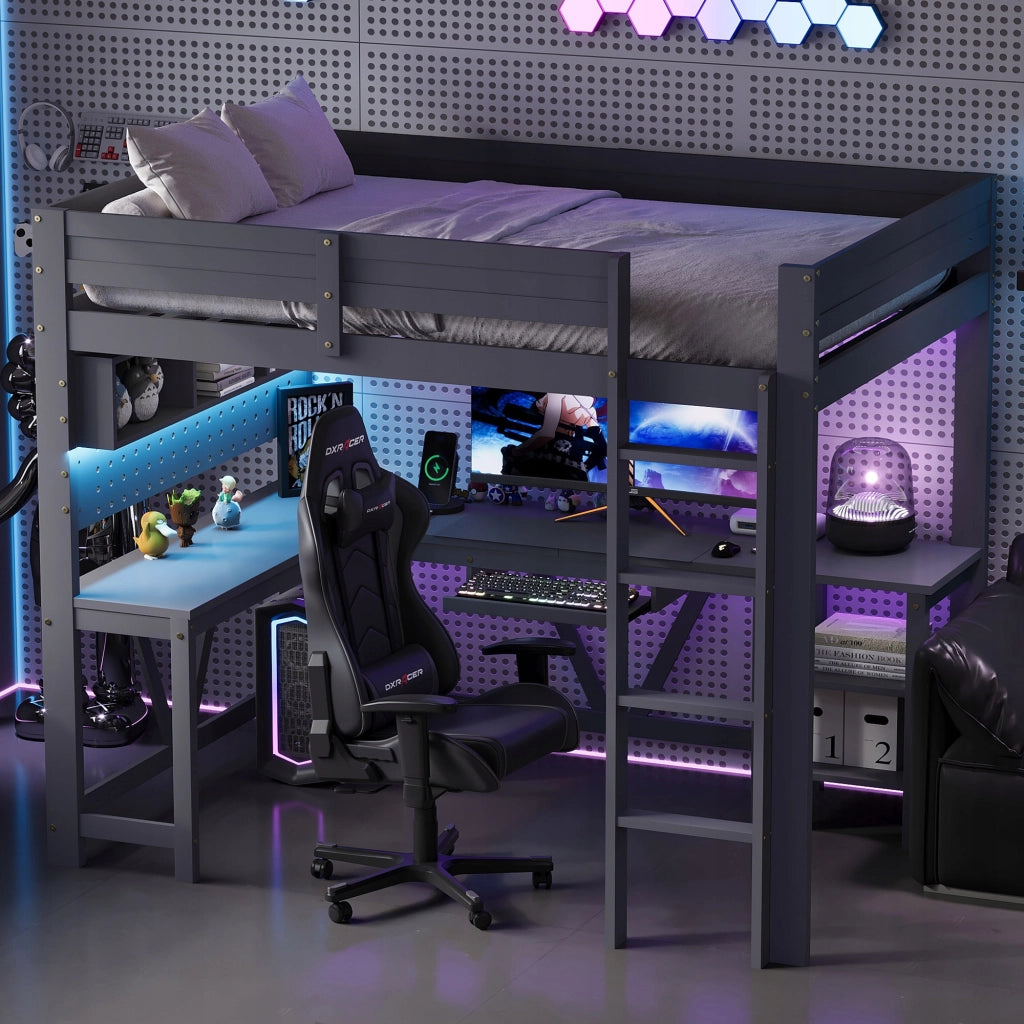 Letto gaming con scrivania LED - Xylo - 90x200 - Grigio