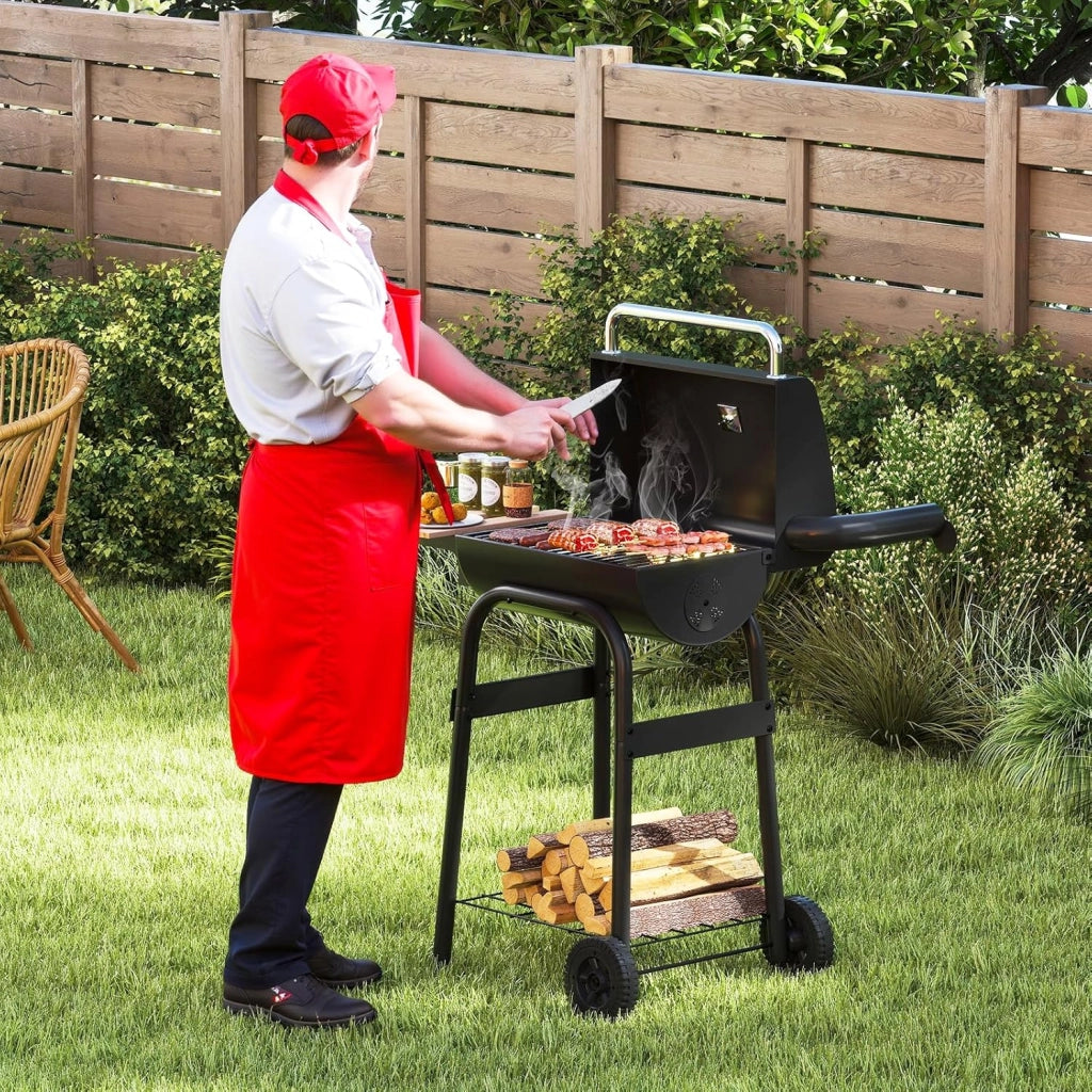 Barbecue a carbonella con tavoli laterali pieghevoli e ruote, carrello barbecue con termometro integrato e vano portaoggetti, barbecue a fumo da esterno