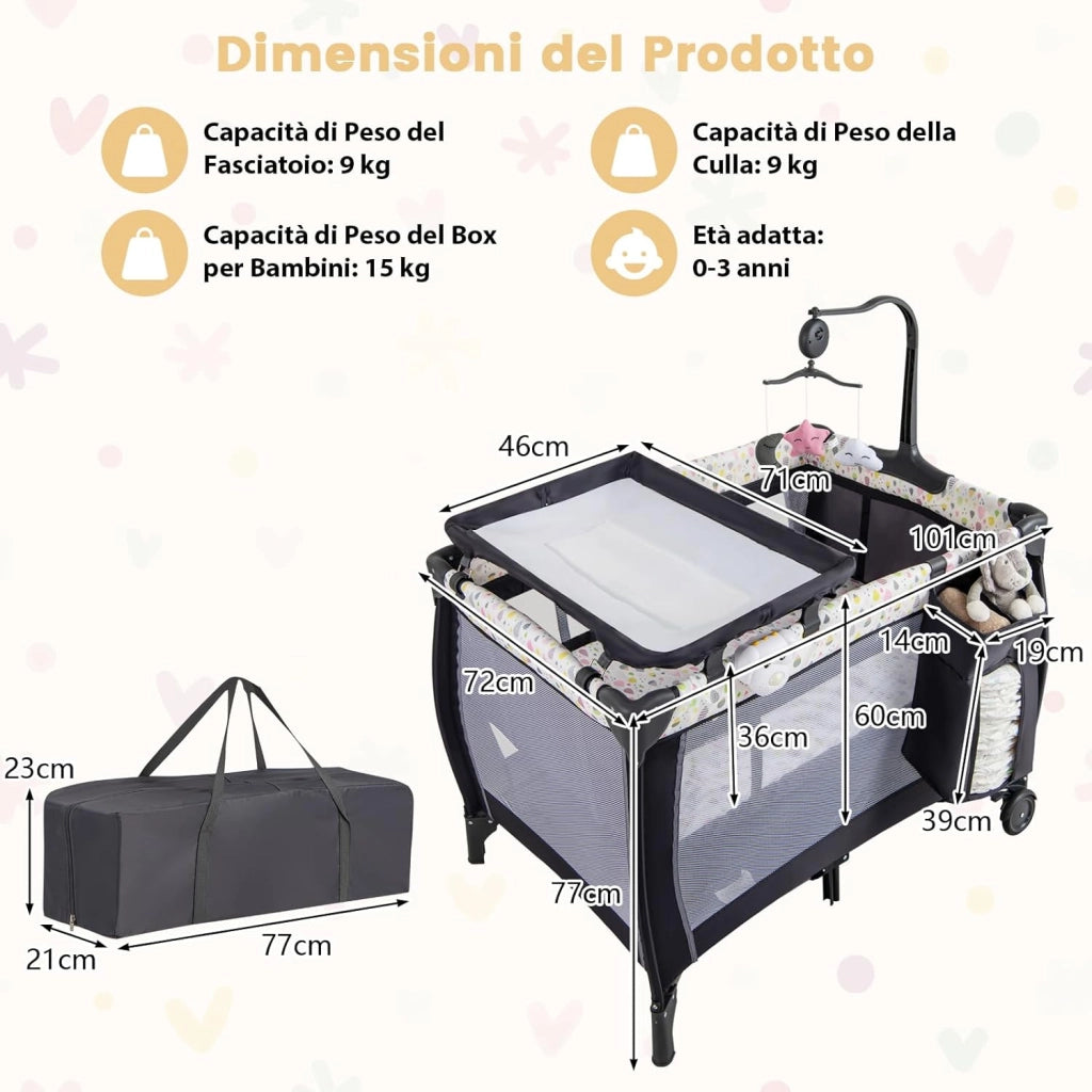 3 In 1 Lettino da Campeggio per Bambini, Lettino con Materasso Portatile per Neonati, Culla Pieghevole per Neonati con Fasciatoio, Carillon e Ruote con Freno, per Bambini 0-36 Mesi (Colorato)