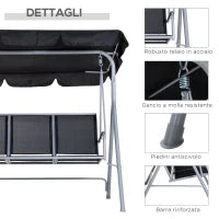Dondolo da Giardino a 3 Posti in Metallo, Tetto Parasole Rimovibile e Lavabile, Nero e Argento, 171x108x154cm