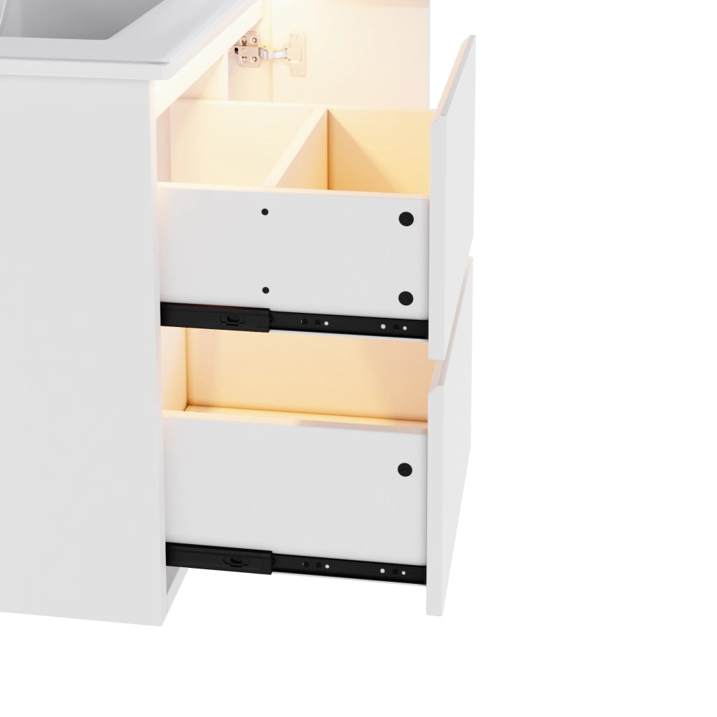 Mobile lavabo sospeso 61¡Á46,5¡Á57 cm in MDF/ceramica bianca, lavabo integrato, 2 cassetti, anta soft-close e LED con sensore.